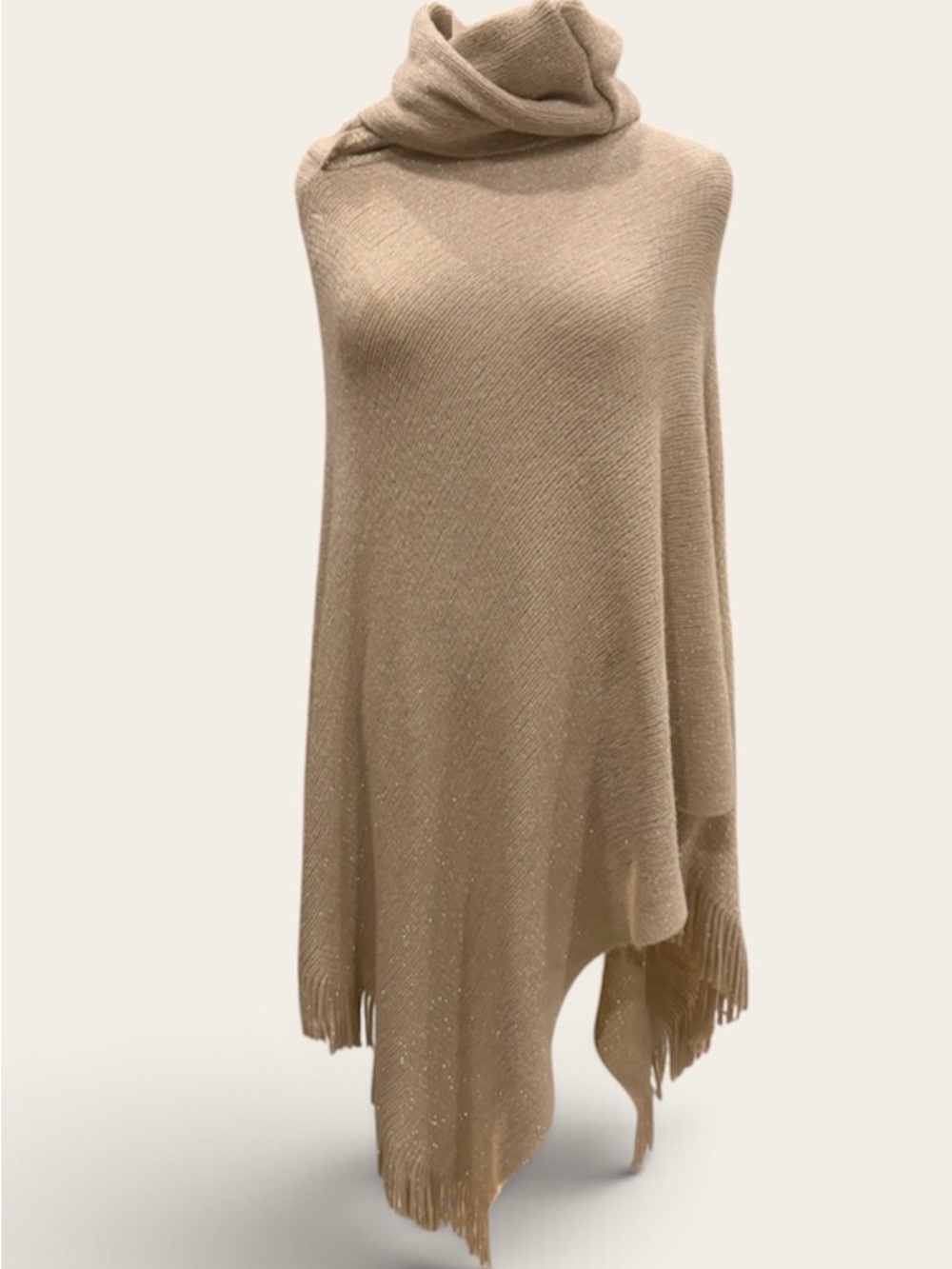 Beige Fringe Turtleneck Poncho Sweater